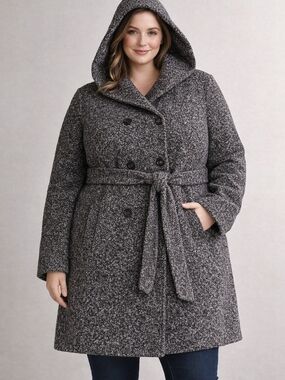 Coffe Shop NYC Tweed Coat/Double Breasted Hooded Belted